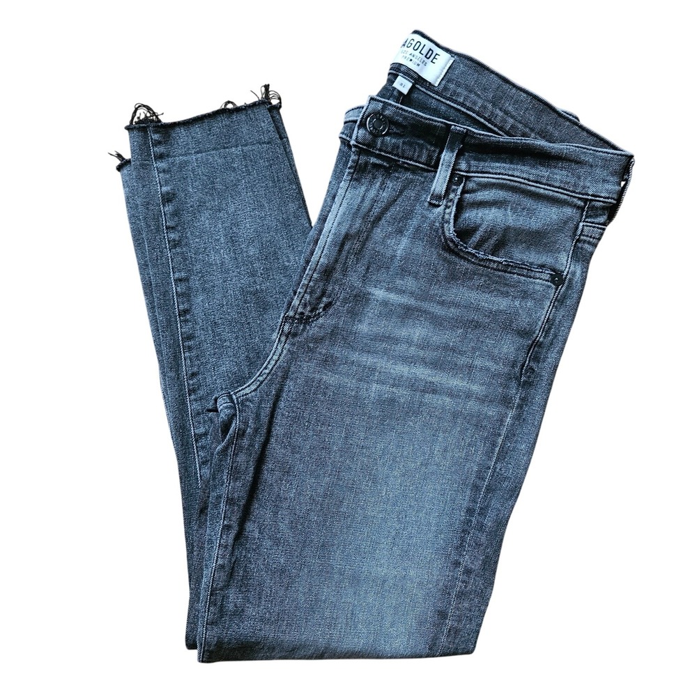 AGOLDE High Rise Skinny Jeans Size 31 Dark‎ Gray Frayed Hem Stretch EUC